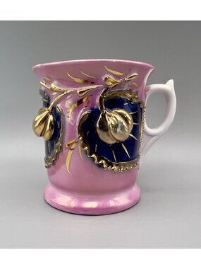Antique German Shaving Mug Pink Lusterware 3D Fruit Gold Souvenir Ithaca NY